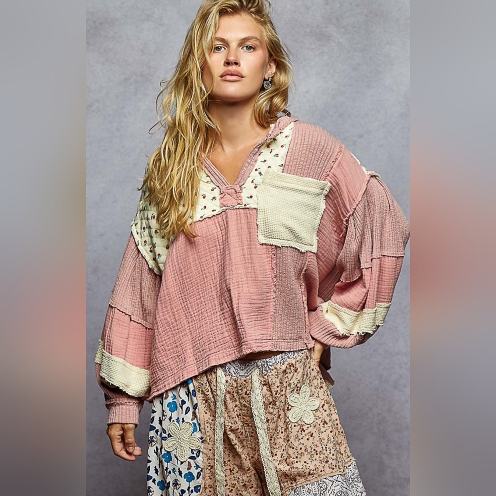 POL Oversized Patchwork Shirt in Dusty Pink and Cream